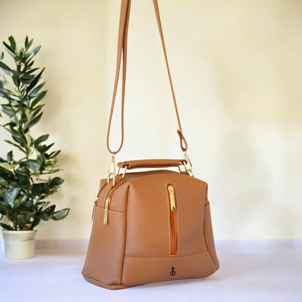 Mustard Brown Luxe Leather 4-Zip Bucket Bag