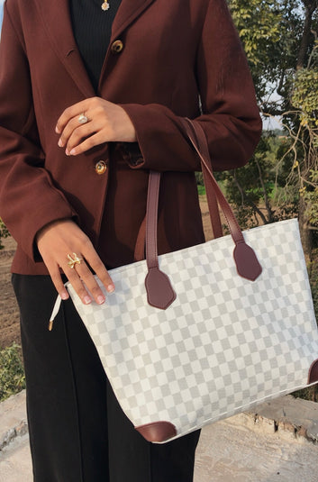 White and Chocho Brown Contrast 3 pcs Checkered tote bag