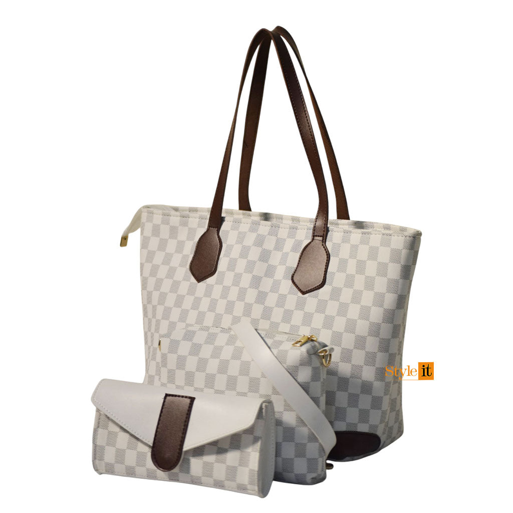 White and Chocho Brown Contrast 3 pcs Checkered tote bag